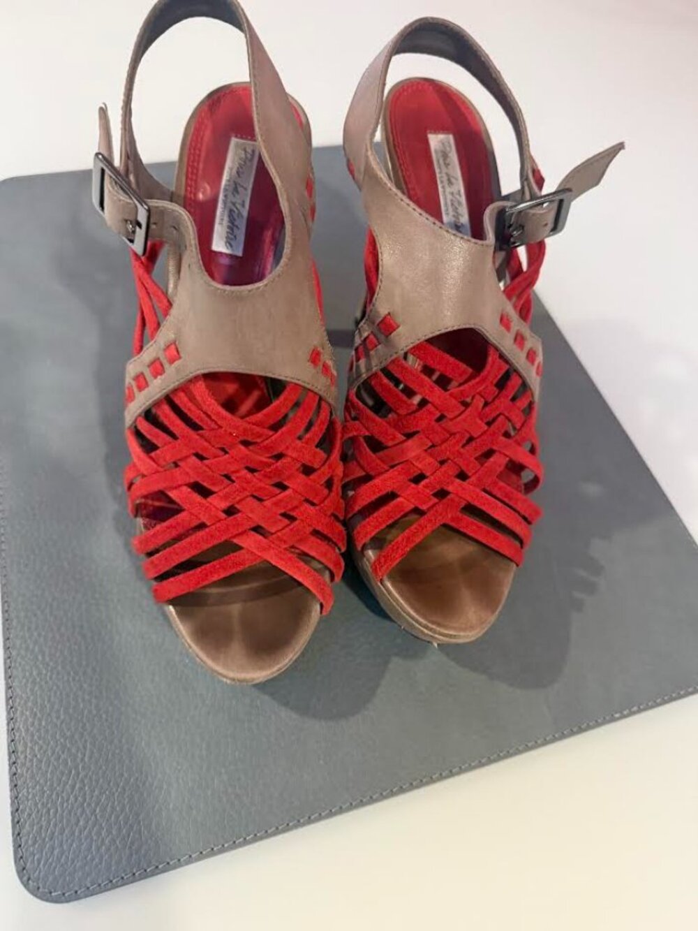 Pour La Victoire Red Woven Strappy Platform Wedge Sandals
